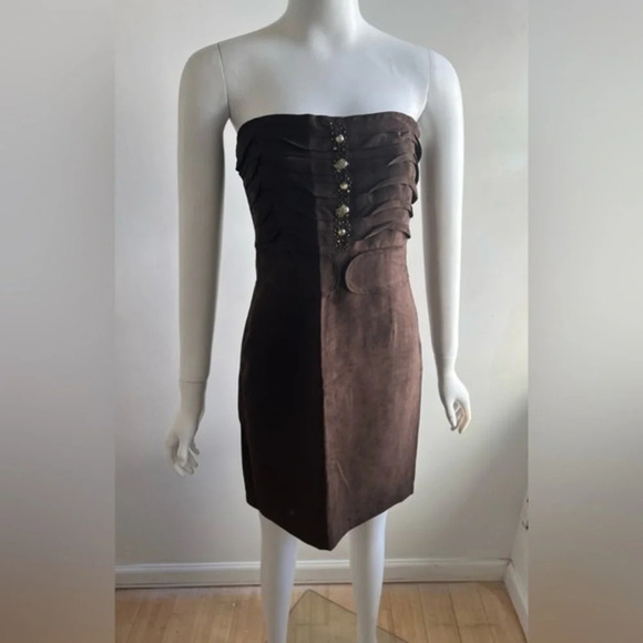 Adrienne Vittadini Faux Suede Bustier Dress Brown Rhinestone Medium - Picture 1 of 11